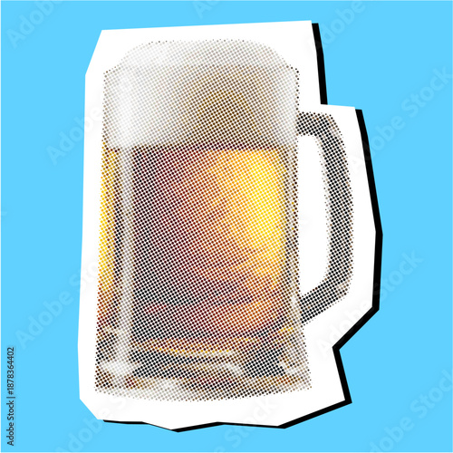 Beer Halftone Dotted Collage Element Pointillize in Paper Torn vector for bar art. Ideal for pub menus, alcohol ads, and retro drink designs.