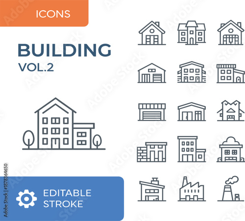 Architecture building line icons set featuring residential houses, apartment complexes, industrial factories, and suburban dwellings