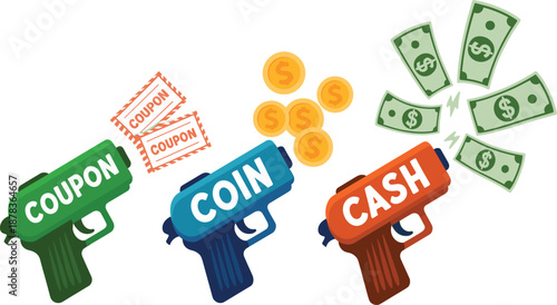 Money Guns Firing Coupons, Gold Coins, and Cash, Concept of Marketing Promotions, Consumer Incentives, E-commerce Rewards, Sales Discounts, and Financial Benefits Vector Illustration