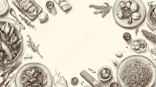 Hand Drawn Italian Cuisine Illustration with Pasta and Seafood on Vintage Paper.
