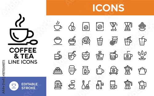 Coffee and tea line icons set featuring espresso cups, herbal tea, coffee beans, and brewing equipment