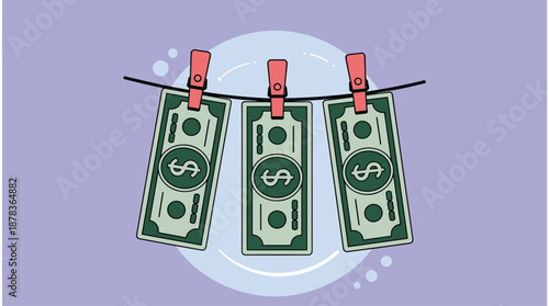 Dollar Bills Hanging on a Clothesline with Red Pins, Concept of Money Laundering, Financial Crime, Illegal Asset Processing, and Economic Fraud Vector Illustration