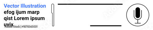 Audio recording, voice recognition, communication, podcast design, interface elements, sound tools. Minimalistic microphone icon with text areas. Audio recording and communication tools concept