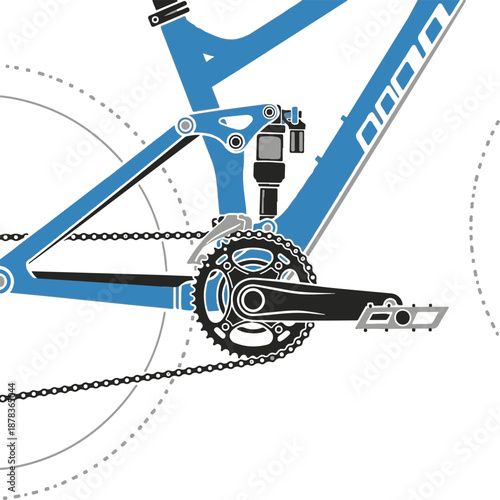 Close-up illustration of a mountain bike's suspension system and drivetrain, showcasing the intricate mechanical details of a high-performance bicycle