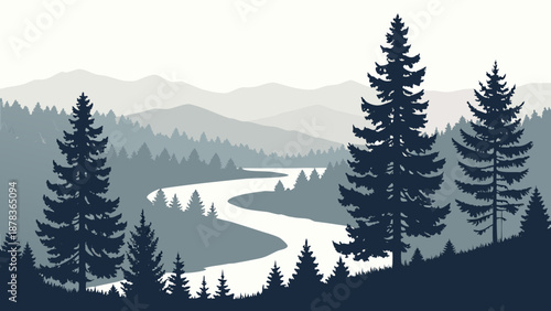Minimal Pine Forest River Vector
