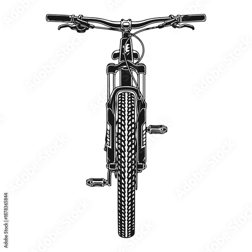 Front view of a rugged mountain bicycle with knobby tires, handlebars, and pedals, perfect for off-road adventures and cycling enthusiasts