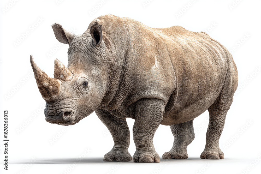 Obraz premium Rhinoceros wildlife safari horn animal endangered mammal Africa white background standing strong rhinoceros wildlife safari horn animal endangered