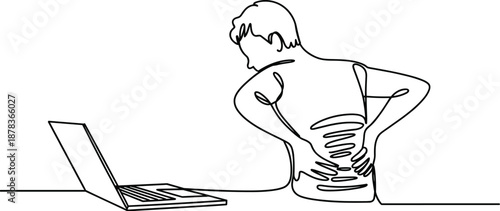 One-Line Drawing of a Man Suffering from Back Pain at a Laptop, Concept of Poor Office  Health Strain, Sedentary Work Injuries, and Physical Wellness Awareness Vector Illustration
