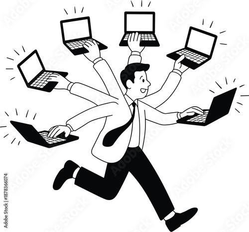Sprinting Businessman Multitasking with Multiple Laptops on Six Arms, Concept of High-Pressure Productivity, Digital Workload Management, , and Overwhelming Tech Demands Vector Illustration