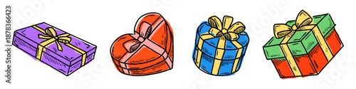 Set of gift box drawing vector for holiday designs. Ideal for hand-drawn presents, birthday surprises, christmas packaging, and celebration sketches.