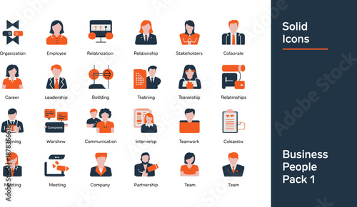 Solid Business People Icon Set Featuring Leadership, Teamwork, Mentorship, and  Workforce Management, Professional Development, and Organizational Structure Vector Illustration