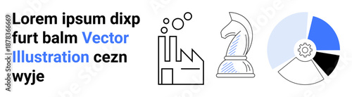 Business strategy, industrial planning, data visualization, corporate goals, market analysis, and production management. Factory, chess knight and pie chart elements. Business strategy