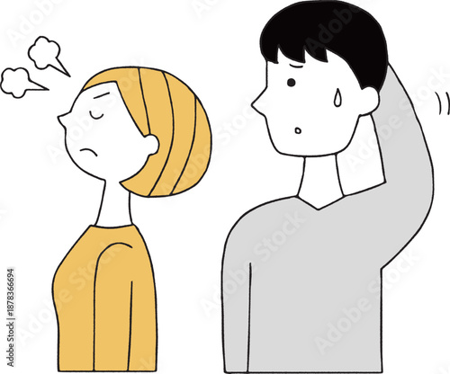 怒る女性と困惑する男性単色