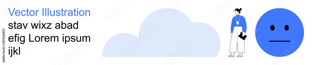 Fototapeta premium Emotions, identity, mental states, communication, social interaction, self-expression. A blue neutral face with a cloud and person standing. Emotions and identity through minimal design