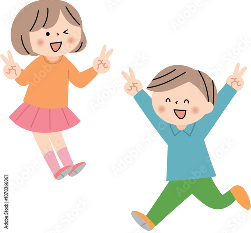ピースをする子供達