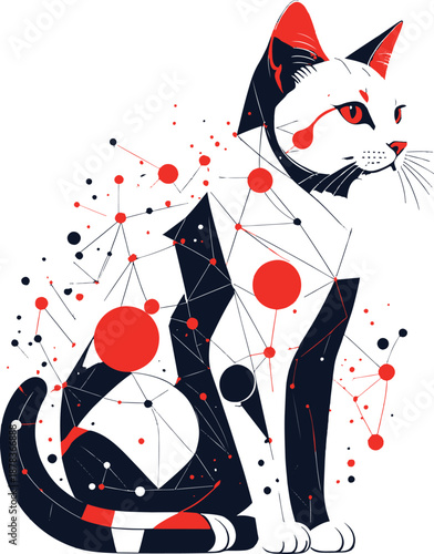 Minimalist black white cat illustration with red accent elements high resolution vector
