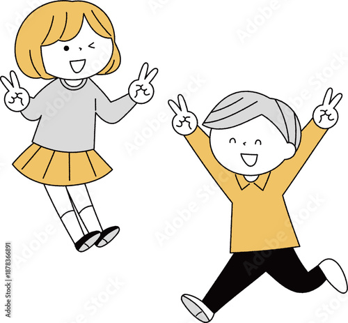 ピースをする子供達単色