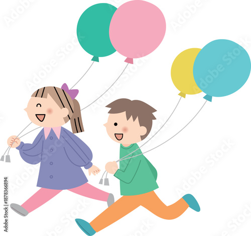 風船を持って走る子供達
