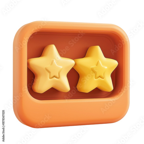 Two Gold Star Rating: Two stylized golden stars, embossed with a smaller star, sit within an orange square frame, representing excellence and a high rating.