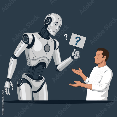 Confused Humanoid Robot Asking a Question to a Smiling Man, Concept of Human-AI Interaction, Machine Learning Curiosity, Collaborative Problem Solving, and Digital Empathy Vector Illustration