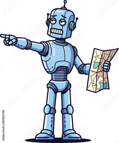 Puzzled Blue Robot Pointing While Holding a Paper Map, Concept of Technological Disorientation, Navigational Failure, AI Vulnerability, and Outdated Technology Systems Vector Illustration