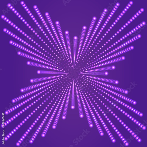 Glowing Purple Radial Light Dots Abstract 3D Tunnel Background, Circle Halftone Pattern Starburst