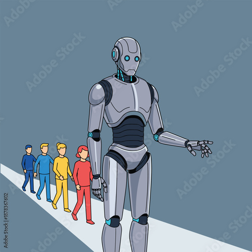 Humanoid Robot Leading a Line of Office Workers Along a Path, Concept of AI Management, Automated Industrial Leadership, Cybernetic Oversight, and Technological Socialization Vector Illustration