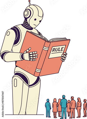 Colossal Robot Reading a Rule Book to a Small Group of People, Concept of Automated Governance, AI Law Enforcement, Algorithmic Social Regulation, and Technological Authority Vector Illustration