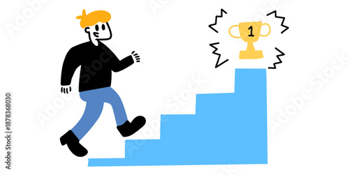 People with trophy and stairs illustration vector for success. Ideal for career growth, winning awards, climbing to the top, and achievement concepts.