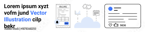 Digital services, cloud computing, billing systems, social platforms, connectivity, technology. A bill, cloud graphic calendar and profile card. Digital services and cloud computing concept
