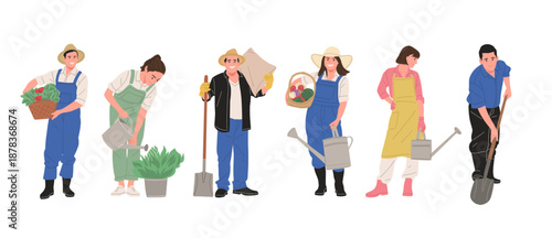 Flat vector illustration of people planting, watering plants, harvesting vegetables, carrying tools and baskets. Agriculture, farming, gardening, and organic food concept.