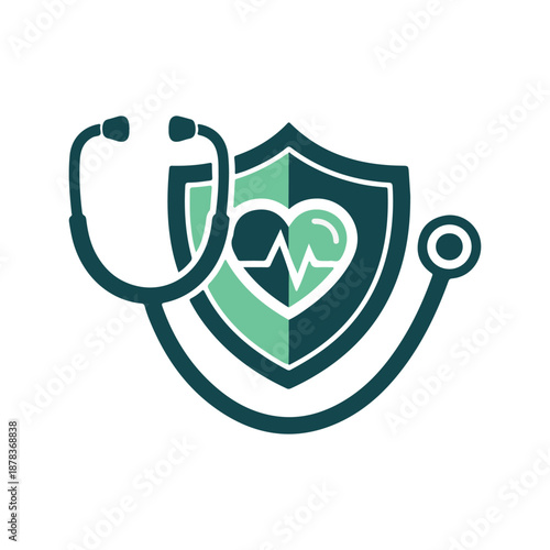 Medical shield with heart and pulse line, symbol of healthcare and insurance