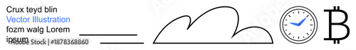 Technology, cloud computing, cryptocurrency, time management, digital innovation, financial concepts. Minimal linear cloud, clock with check mark and Bitcoin symbol. Cloud computing