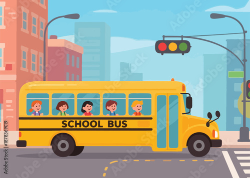 School Children Departure by School Bus Illustrator Artwork Creative Design Template 