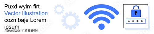 Cybersecurity, wireless networks, data protection, authentication, internet security, technology. Blue wireless signal, gears lock and password symbols. Cybersecurity and wireless networks concept