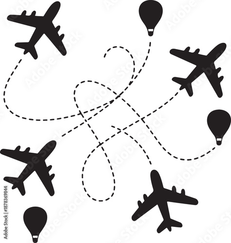 Travel and Aviation Concept with Airplane Routes and Hot Air Balloons