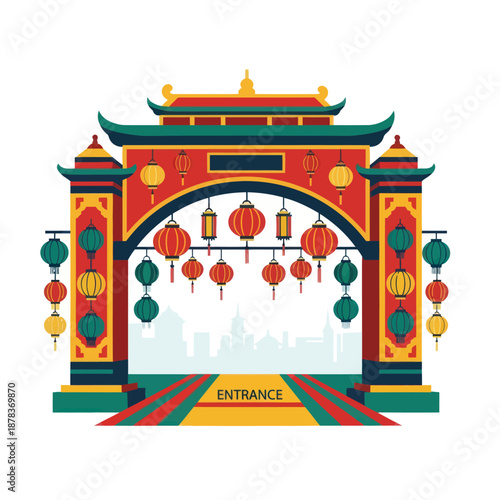 Chinese Style Temple Entrance Gate Illustration.