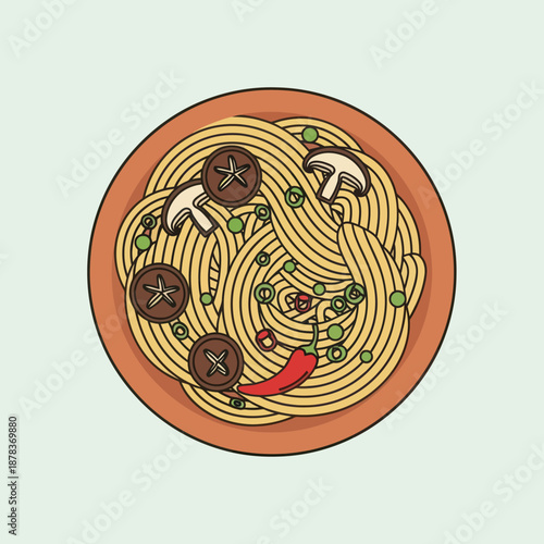Spaghetti with Mushrooms and Vegetables in Bowl.