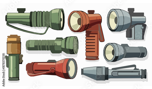 Retro flashlight vector set camping torch illustration