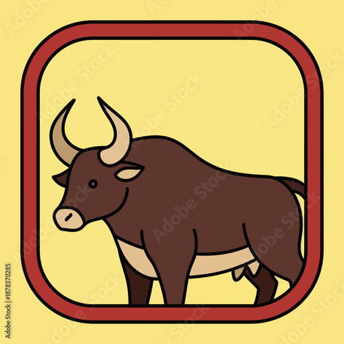 Brown Bull with Large Horns Illustration.