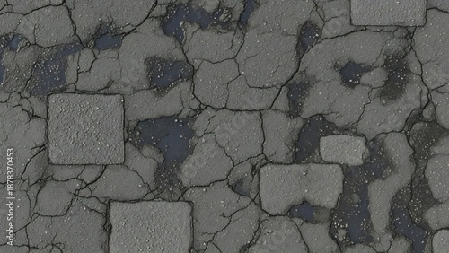 Cracked and paved asphalt texture with puddles and small stones