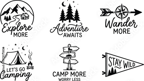 Outdoor adventure icons, camping symbols, nature travel graphics, wilderness badge set, motivational quotes, hiking, forest, tent, compass, moon, stars, flat vector illustration