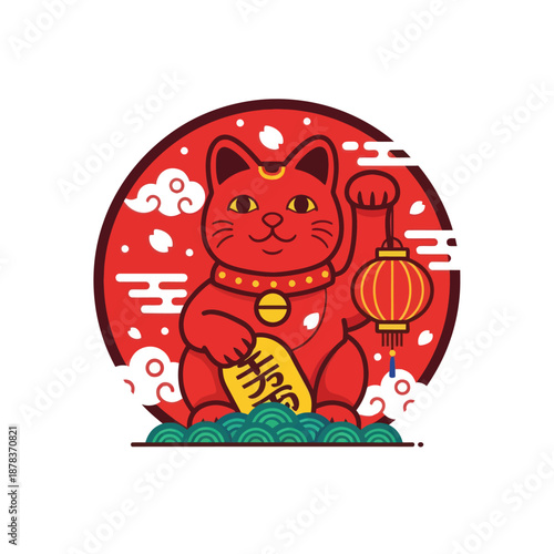 Red Cartoon Cat Figurine with Lantern.