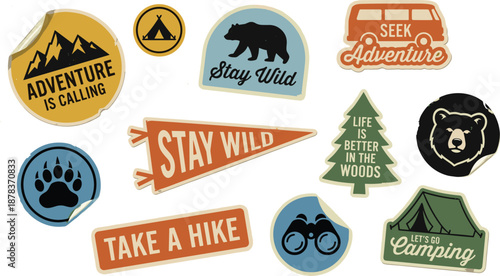 Outdoor adventure sticker set, nature slogans, camping icons, wilderness vibes, bear, tent, van, forest, flat vector illustration