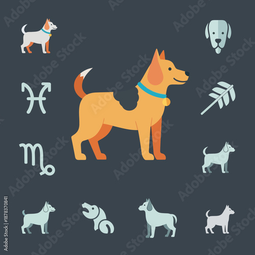 Dog Surrounded by Zodiac Signs and Dogs.