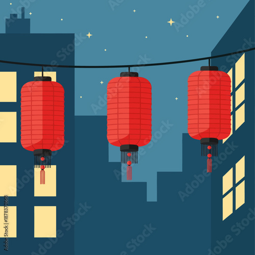 Three Red Chinese Lanterns Hanging Outside.