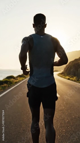 Strong runner on a coastal road, silhouetted against a golden sunset over the ocean