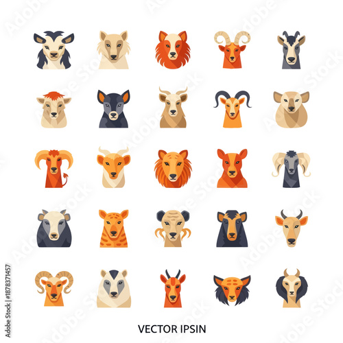 Collection of Various Animal Faces in Vector.