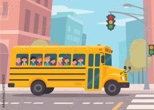 School Children By Bus Illustrator Artwork Creative Design Template 