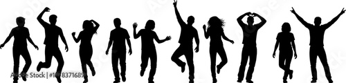 Black silhouettes of happy people dancing and jumping, men and women celebrating together, party crowd vector illustration, isolated on white background, active lifestyle concept.